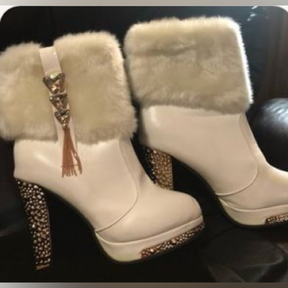 Faux Fur Platform Dancer Boots – Crystal Rhinestone Heels – Size 6 Make An offer